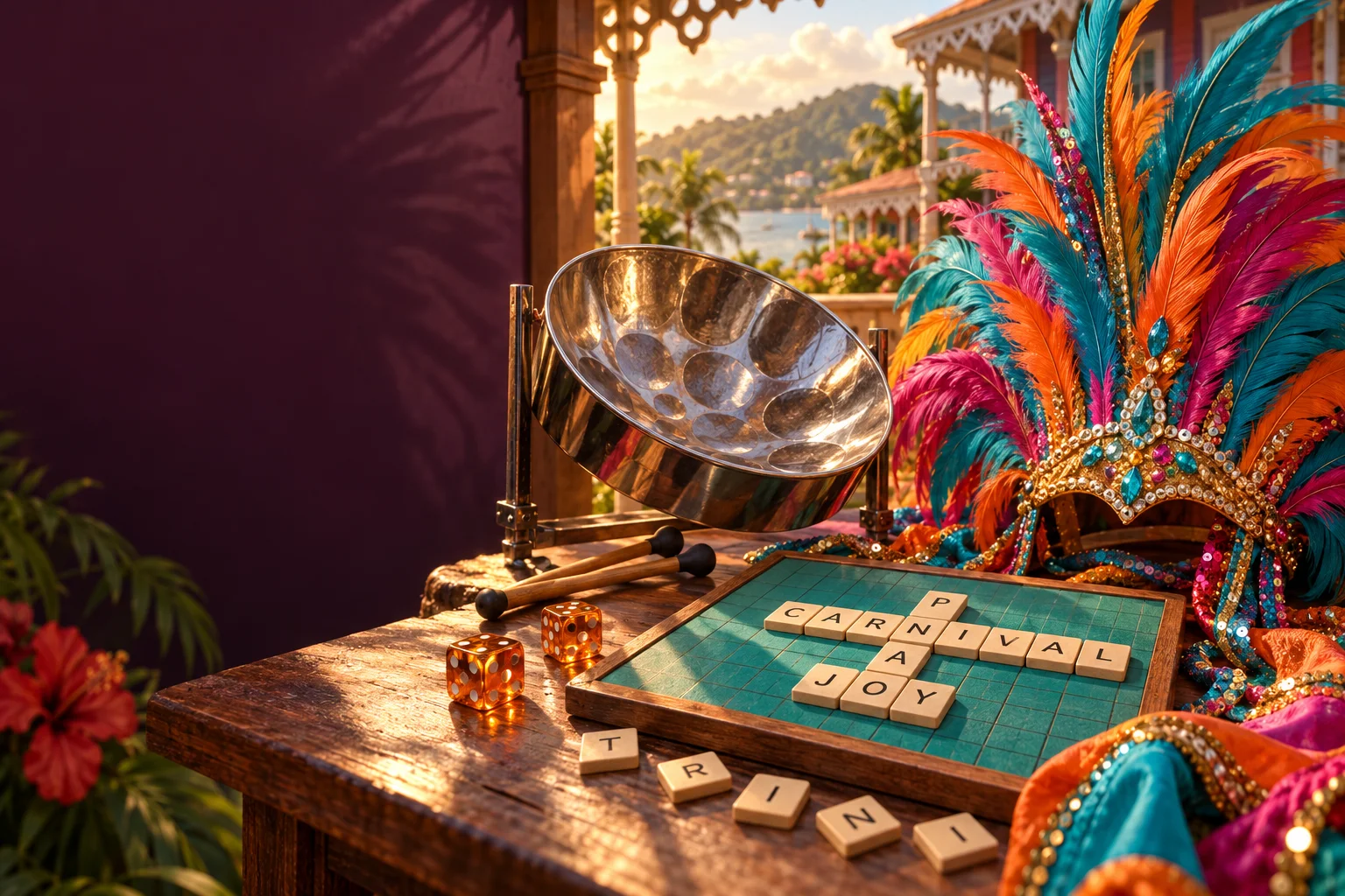 Crossword tiles, a gleaming steelpan and a feathered Trinidad mas headpiece on a sunlit tabletop